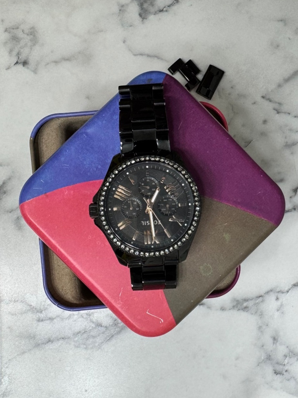 Vintage Fossil Black Crystal Bezel Watch | Chic Oversized Glam Timepiece